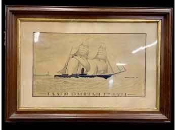 Primitive Drawing And Watercolor Of U.S.S. Dacotah 3rd Rate