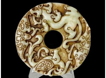 Hand Carved Antique Jade Amulet With Dragons And Griffin
