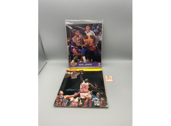 Magic Johnson Sealed NBA Hoops Action Photo, NBA Hoop Program Magazine And 1986 Celtic Vs Rockets Ticket Stub