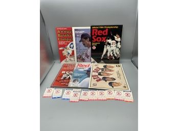 Boston Red Sox Collectors Sheet, Yearbook, Magazines And 1985/1986 Ticket Stubs