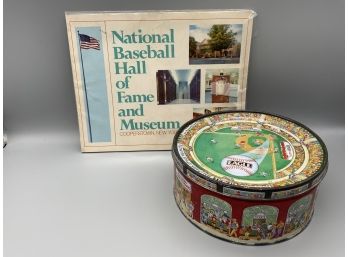 Vintage 1975 Baseball Hall Of Fame Book And Collectible Ballpark Peanuts Tin