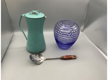 Vintage Dansk Pitcher, Lilian Vernon Art Glass Vase And A Vintage Slotted Spoon With Wooden Handle