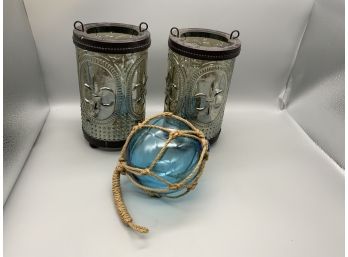 Decorative Candle Holders And Blue Glass Hanging Orb