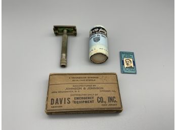 Vintage Razor, Gillette Blue Blade, Py-Co-pay Tooth Powder And Johnson & Johnson Bandage