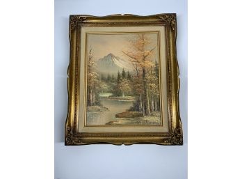 Framed Painting Outdoor Landscape Scene Water Mountain Trees