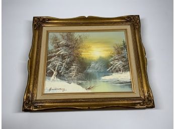 Framed Winter Landscape Painting Water Trees Snow Sunrise