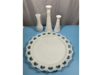 Milk Glass Lot Of 3 Vases And Large Serving Tray