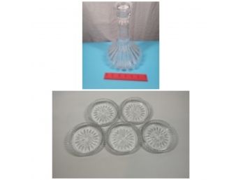 Crystal Glass Decanter And Stopper Plus Glass Coasters