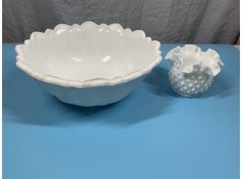 Milk Glass Floral Bowl And Small Ruffled Hobnail Vase