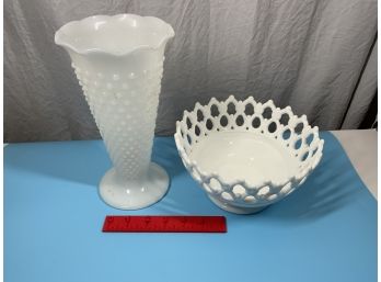Milk Glass Vase And Bowl