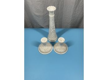 Milk Glass Candle Holders And Vase