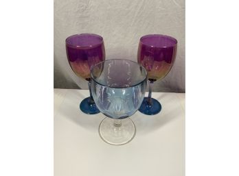 Pair Of Colored Wine Glasses And A Vintage Goblet