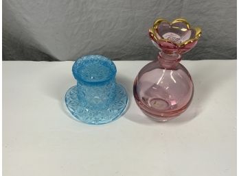 Blue Art Glass Topp Hat And Pink Crystal Perfume Bottle With Flower Stopper