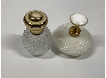 VINTAGE STEP VIEUX- ROUEN GLASS PERFUME BOTTLE AND DECORATED WHITE PERFUME BOTTLE
