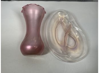 Pink Glass Vase And Art Glass Bowl
