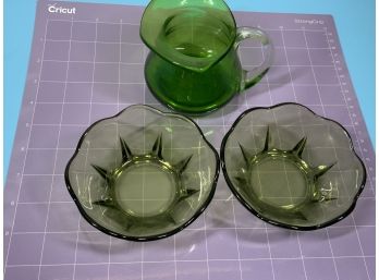 Vintage Green Glass Bowls And Small Pitcher
