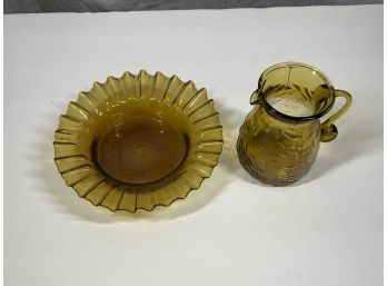 Vintage Yellow Glass Ruffled Bowl And Small Pitcher