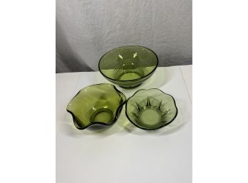 3 Vintage Green Glass Bowls