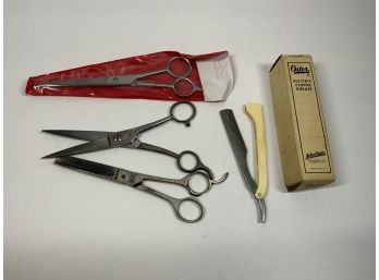Vintage Barbershop Scissors, Razor, And Clipper Grease