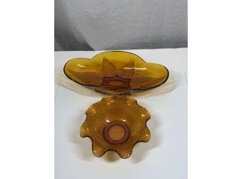 Vintage Yellow Glass Oval Bowl And Ruffled Bowl