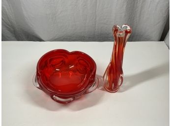 Red And Clear Art Glass Bowl And Vase