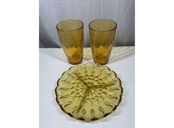 Vintage Yellow Glass Divided Plate And Pair Of Drinking Glasses
