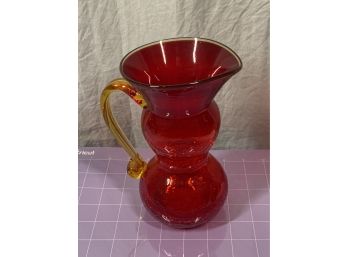 Vintage Red Crackle Glass Pitcher With Yellow Handle