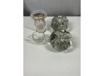 Pumpkin Glass Candle Holders, Painted Glass Footed Vase And Small Creamer With Handles
