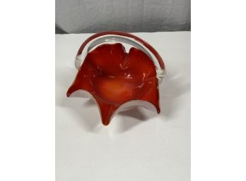 Red White And Clear Art Glass Handled Bowl Basket