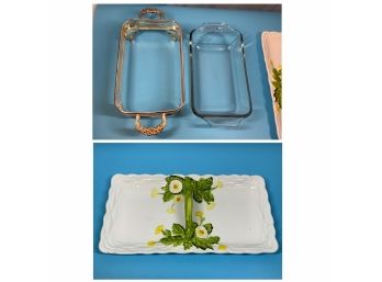 VINTAGE GEO Z. LEFTON 4122 MAJOLICA DAISY BASKET RELISH SPLIT TRAY DISH  And Glass Dish In Electroplate