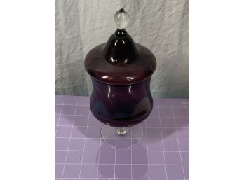 Amethyst Purple Glass Footed Candy Bowl With Lid