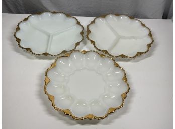 Vintage Milk Glass Oyster Plate And 2 Divided Serving Plates With Gold Colored Rims