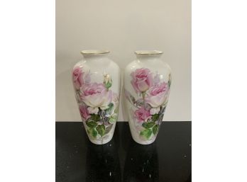 Pair Of Artist Signed Noritake Nippon Toki Kaisha Japan Bone China Floral Vases