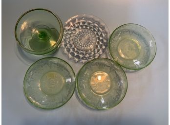 3 Vintage Green Glass Small Bowls, 1 Green Glass Footed Dish, 1 Small Glass Plate