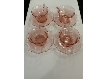Set Of 4 Cambridge Decagon Pink Teacups And Saucers