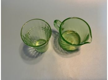 1 Vintage Green Glass Creamer Cup, 1 Vintage Green Glass Cup