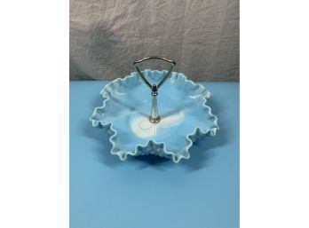 Vintage Blue Hobnail Milk Glass Candy Bowl With Metal Handle Probably Fenton