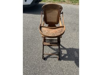 Vintage Wooden High Chair And Stroller Combo With Metal Wheels And Gears