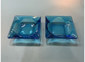 Pair Of Vintage Blue Glass Ashtrays