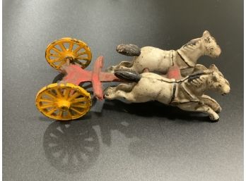 Cast Iron White Horses With Red And Yellow Plow