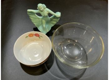 1970s Interpur Floral Face Bowl, Small Glass Mixing Bowl And Ceramic Dancing Woman