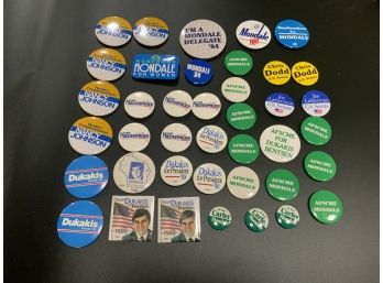 Large Political Pin Lot With Dukakis, Mondale, Dodd, Lieberman And More