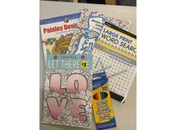 Adult Coloring Books, Word Search And Colored Pencils