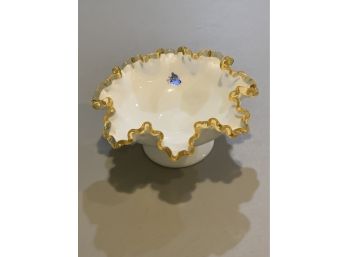 Vintage Fenton Golden Ruffled Milk Glass Footed Bowl