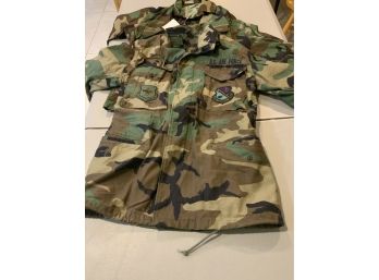 US Air Force Woodland Camo Cold Weather Field Coats With Air Mobility Command And 143d Airlift Wing Patches