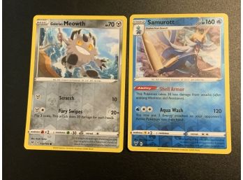 Galarian Meowth And Samurott Reverse Holo Pokemon Cards