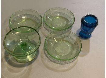 Vintage Green Glassware And A Small Blue Glass Piece