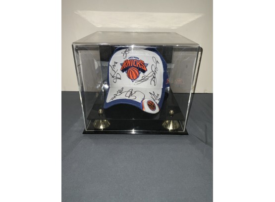 Knicks Team Signed Baseball Hat In Display Case
