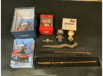 Harry Potter Collectibles Including Wand, Toys, Stamps And X-Mas Items