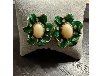 Vintage Gold Tone Statement Earrings Pearl And Enamel